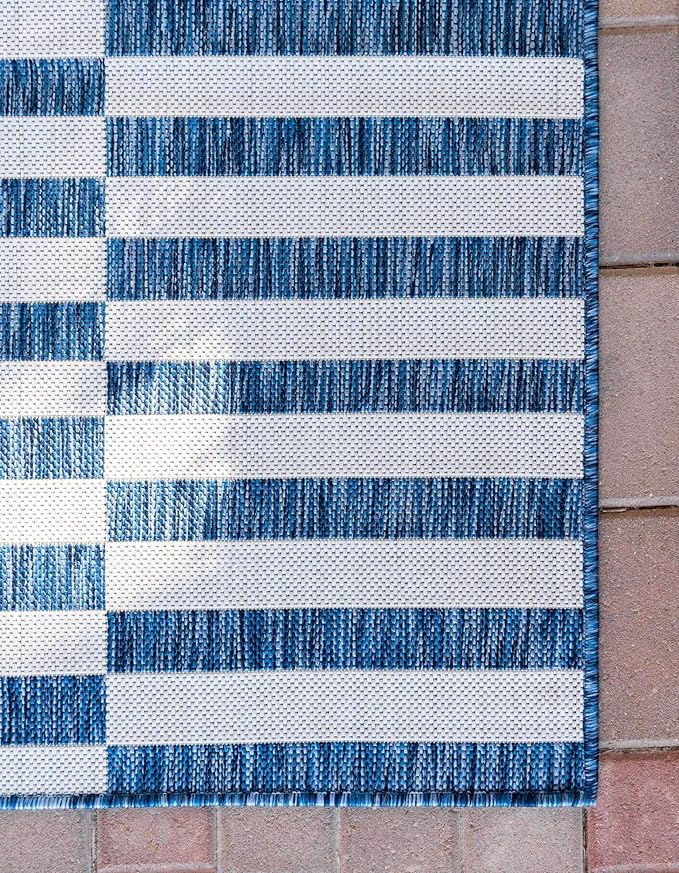 Unique Loom Outdoor Striped Collection Area Rug - Striped (7' 1" x 10' Rectangle, Blue/Ivory)