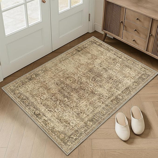 FMFUNCTEX Entryway Rug 2x3 Washable Brown Vintage Distressed Door Mat Non Slip Low Pile Indoor Carpet Soft Retro Floral Small Throw Area Rugs for Entry Way Entrance Bedroom Kitchen Bathroom Laundry