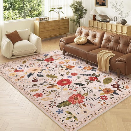 Living Room Rug 6x9 Rug Machine Washable Boho Area Rug Non Slip Floral Vintage Low Pile Large Rugs for Living Room, Bedroom, Farmhouse, Dining Room (Beige)