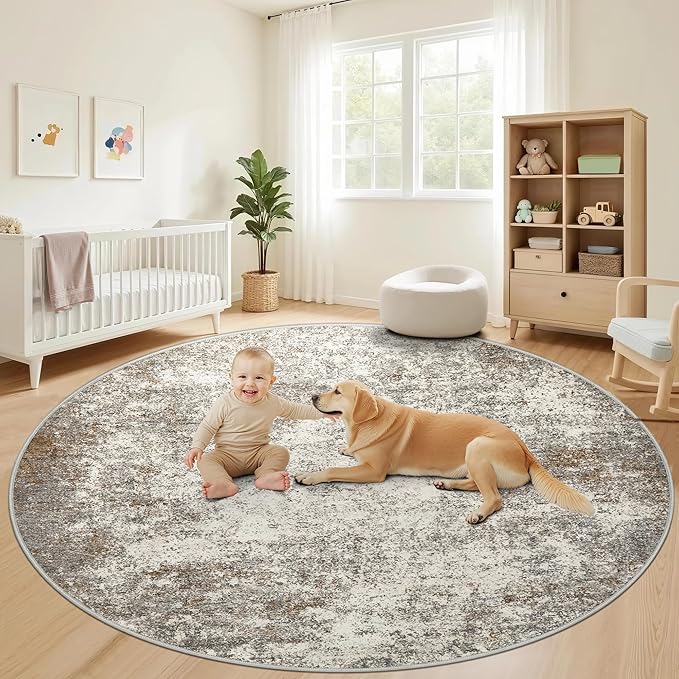 6ft Washable Round Rug - 6x6 Area Rugs Modern Abstract Rugs for Living Room Non-Slip Low Pile Soft Machine Washable Carpet for Bedroom, Living Room, Dining Room, Nursery, Farmhouse (6'x6' Brown Grey)