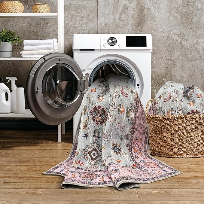 GLN Rugs Traditional Collection - Machine Washable Area Rug, Traditional Washable, Non Slip, Low Pile Chenille Rug, Living Room, Bedroom, Kitchen Rug (9' x 12' Pink/Blue/Multicolor)