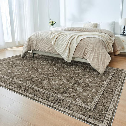 WITSHOCK Living Room Area Rugs 5x7: Soft Non-Slip Backing Washable Rugs Vintage Large Carpet for Bedroom Office Dining Room Kitchen Stain Resistant Home Decor Rug, Dark Brown