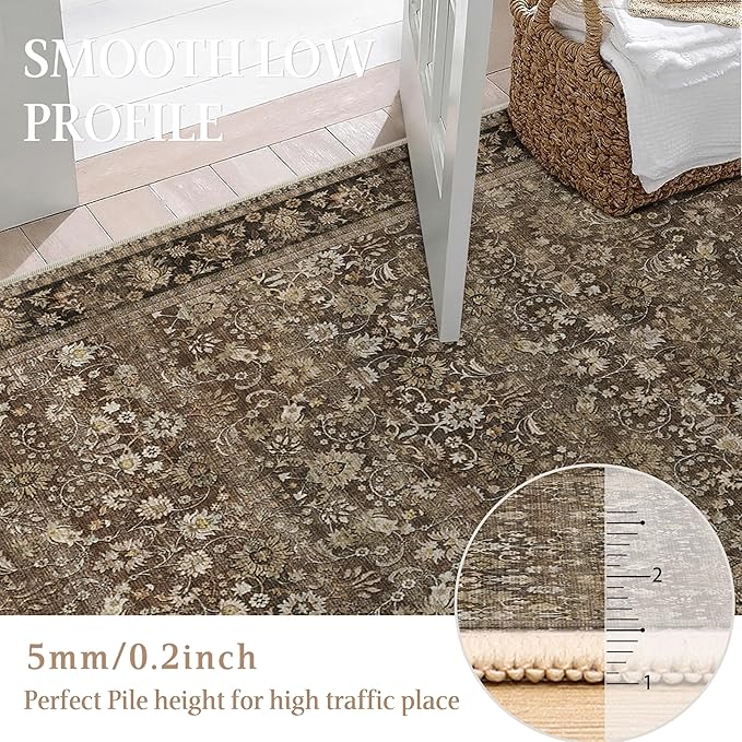 HUGEAR 9x12 Machine Washable Rugs Brown Hallway Large Area Rug Indoor Accent Rug Floral Low Pile Carpet Soft Throw Aesthetic Rug Bedroom Living Room Office Dining Room Kitchen Laundry Room