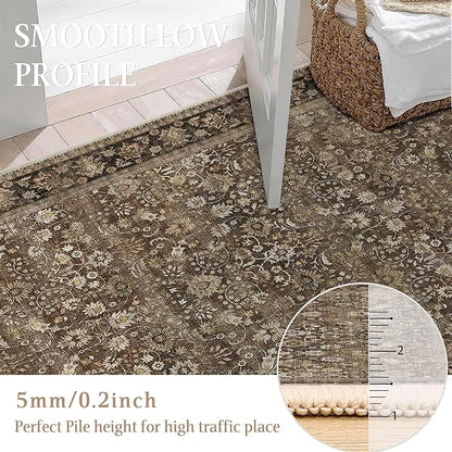 HUGEAR 9x12 Machine Washable Rugs Brown Hallway Large Area Rug Indoor Accent Rug Floral Low Pile Carpet Soft Throw Aesthetic Rug Bedroom Living Room Office Dining Room Kitchen Laundry Room