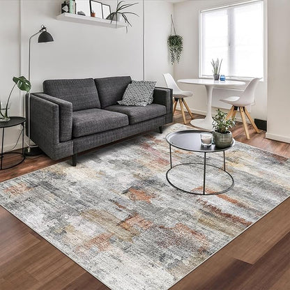 vivorug Washable Rug, Ultra Soft Area Rug 3x5, Non Slip Abstract Small Rug, Stain Resistant Rugs for Living Room Bedroom, Modern Fluffy Style (Gray/Rust, 3'x5')