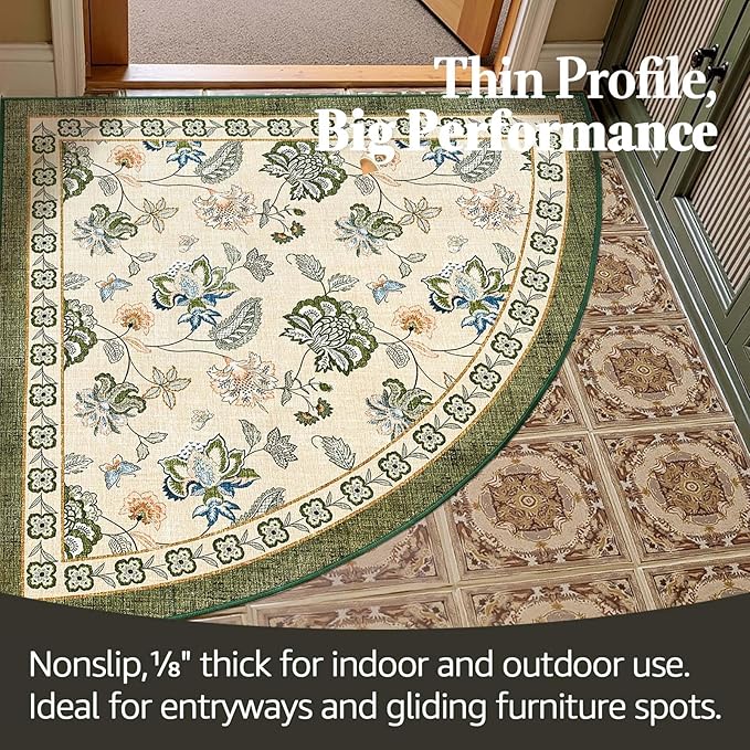 jinchan Elora Floral Corner Rug for Entryway Washable Kitchen Rug Vintage Romance Design Non Slip Quarter Circle Lightweight Low-Pile Throw Carpet for Playroom Reading Nook, 4ft Radius, Green/Beige
