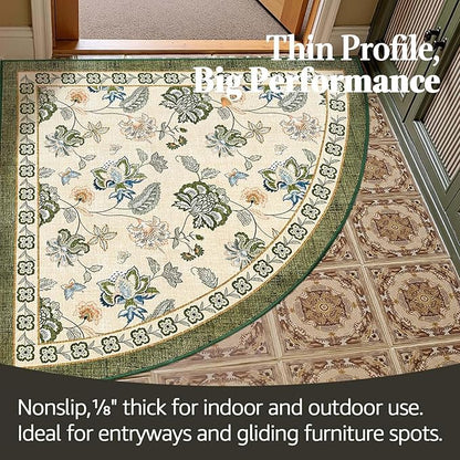 jinchan Elora Floral Corner Rug for Entryway Washable Kitchen Rug Vintage Romance Design Non Slip Quarter Circle Lightweight Low-Pile Throw Carpet for Playroom Reading Nook, 4ft Radius, Green/Beige