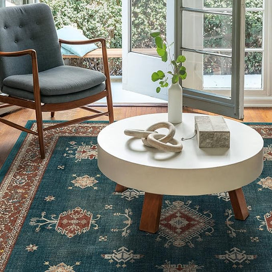 RUGGABLE Washable Vintage Area Rug – Verena Teal Blue 6x9, Stain-Resistant, Non-Slip – Medium Machine Washable Rugs for Living Room, Bedroom, Hallway, Entryway & Office–with Cushioned Pad