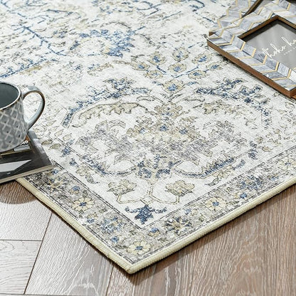 jinchan Kalen Area Rug 9x12 Washable Living Room Rug Vintage Indoor Large Floor Cover Retro Distressed Floral Country Boho Lightweight Non Slip Thin Carpet for Kitchen Bedroom Dining Room Office Blue