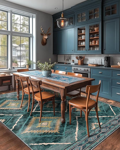 Area Rug 4x6 Rug Machine Washable Non-Slip Low Pile Print Pattern Western Rug for Living Room Bedroom Entryway Tribal Series -Teal/Green