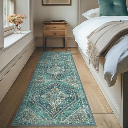 Bavni Kitchen Rug 2x7 Runner Rugs for Hallways Entryway, Washable Vintage Print Carpet, Ultra-Thin Chenille Low Pile Lightweight Rug with Non Slip Backing, Blue/Green