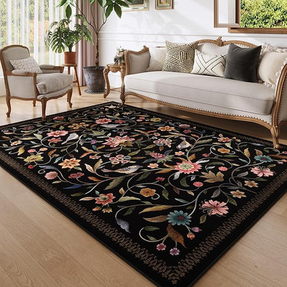 Vintage Medallion Floral Area Rugs 8x10 Clearance, Machine Washable Non-Slip, Low Pile Soft Large Carpet for Living Room, Bedroom, Dining Room, Farmhouse, Kids Playroom, Office | Black