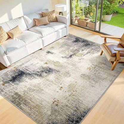 6x9 Washable Area Rugs - Modern Abstract Rugs for Living Room Non-Slip Low Pile Soft Machine Washable Carpet for Bedroom, Dining Room, Nursery, Home Office, Farmhouse (6'x9' Beige Tan)