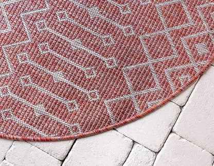 Unique Loom Outdoor Trellis Collection Area Rug - Tribal Trellis (4' 1" Round, Rust Red/ Ivory)
