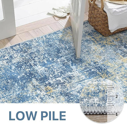 Bavni 6x9 Area Rugs Machine Washable Rug for Living Room, Modern Printed Rug Indoor Soft Area Rug for Bedroom Dining Room, Ultra-Thin Low Pile Carpet with Non Slip Rubber Backing, Denim Blue