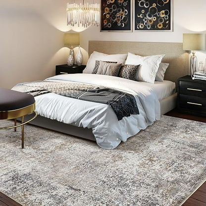 Area Rug Living Room Rugs - 9x12 Washable Large Soft Indoor Neutral Modern Abstract Low Pile Rug Carpet for Bedroom Dining Room Farmhouse Home Office - Brown/Grey/Black