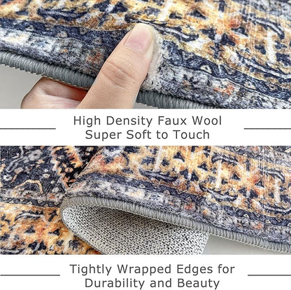 KOZYFLY Runners for Hallways 2.6x12 Ft Extra Long Washable Kitchen Boho Runner Rug for Entryway Indoor Gold Navy Printed Faux Wool Stair Runner Floor Carpet Runner for Stair Kitchen Hall