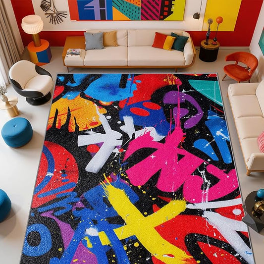 Funky Rugs for Bedroom - Colorful Geometric Abstract Area Rug 5x8, Retro Pop Art High Traffic Anti Slip Carpets Home Decor #C073