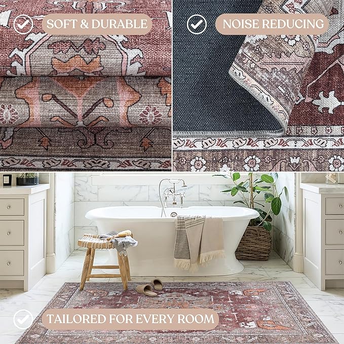 Washable Area Rug. Modern Farmhouse. Vintage. Turkish. Bohemian. Distressed. Oriental. Traditional. Rugs for Living Room. Dining. Bedroom. Office. Entryway. Foyer. (857RB, 2'5" x 6'5")