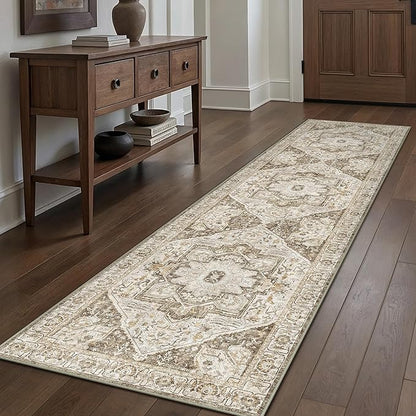 Brown Hallway Runner Rug 2x8 Vintage Washable Distressed Area Carpet Kitchen Indoor Non Slip Long Traditional Medallion Retro Accent Throw Rug for Bedroom Laundry Office Dining Living Room
