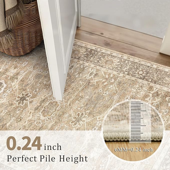 2x8 Runner Rug Beige Vintage Washable Runner Rugs for Hallway Kitchen Low Pile Non-Slip Retro Distressed Accent Throw Carpet for Entryway Bathroom Bedroom Beige