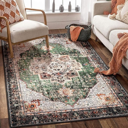 Boho Area Rug 3x5 Green Rug Washable Vintage Rug for Kitchen Living Room Bedroom Bathroom Office Low Pile Non Slip Floor Carpet