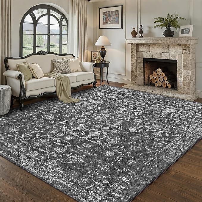 Washable Area Rug 8x10 Black Rugs for Living Room, Vintage Boho Large Rug for Bedroom Dining Room Office, Distressed Floral Print Carpet for Under Table, Soft Non Slip Low Pile Throw Carpet Indoor Mat