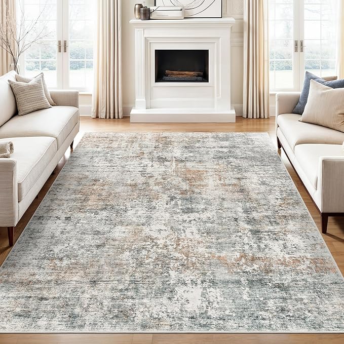 Abstract Rug 8x10 Large Living Room Rugs Neutral Modern Washable Area Rugs for Bedroom Dining Room Non-Slip Stain Resistant Foldable Thin Rug Orange Grey