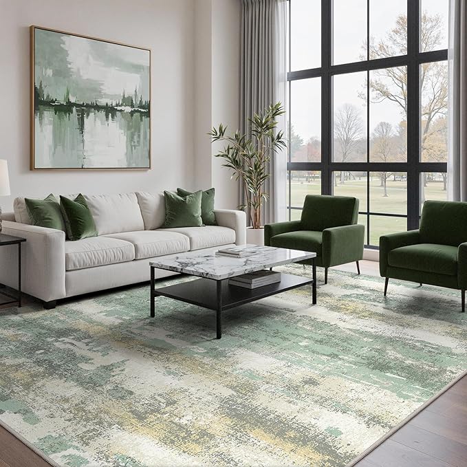 GENIMO Abstract Area Rug 9x12, Washable Large Modern Rug Non Slip, Low Pile Lightweight Soft Carpet for Living Room, Bedroom, Dining Room, Light Green