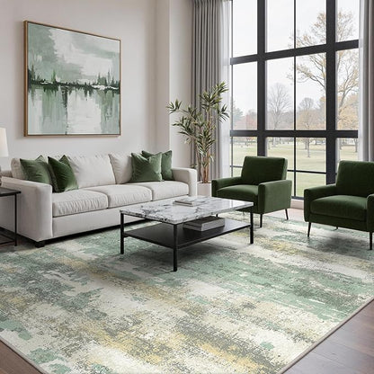 GENIMO Abstract Area Rug 9x12, Washable Large Modern Rug Non Slip, Low Pile Lightweight Soft Carpet for Living Room, Bedroom, Dining Room, Light Green