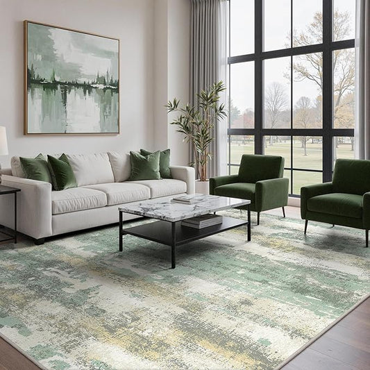 GENIMO Abstract Area Rug 9x12, Washable Large Modern Rug Non Slip, Low Pile Lightweight Soft Carpet for Living Room, Bedroom, Dining Room, Light Green