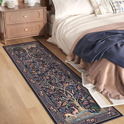 Rugcomf Runner Rug Vibrant Tree of Life-Patterned Vintage Kitchen Rugs Non Slip Washable Soft Carpet Runner for Laundry Bedroom Bathroom, Blue