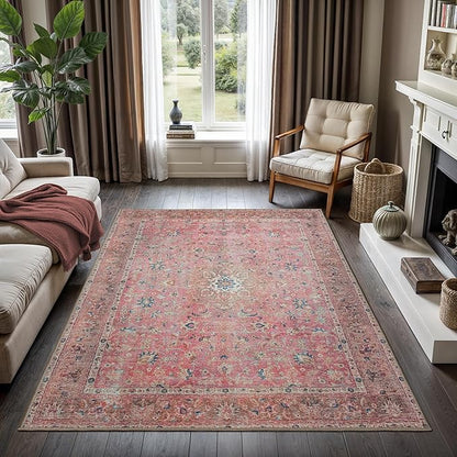 GLN Rugs Traditional Collection - Machine Washable Area Rug, Traditional Washable, Non Slip, Low Pile Chenille Rug, Living Room, Bedroom, Kitchen Rug (9' x 12' Pink/Cream)