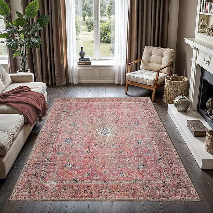 GLN Rugs Traditional Collection - Machine Washable Area Rug, Traditional Washable, Non Slip, Low Pile Chenille Rug, Living Room, Bedroom, Kitchen Rug (4' x 6' Pink/Cream)