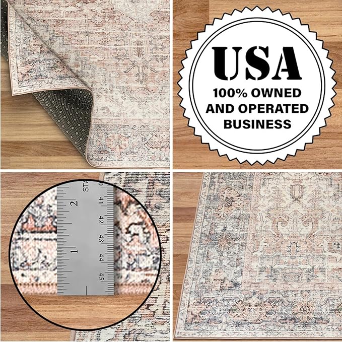 ReaLife Rugs Machine Washable Area Rug - Living Room Bedroom Bathroom Kitchen Entryway Office - Padded Low Pile Stain Resistant Premium - Boho Farmhouse Vintage - Lyle - Gray Ivory Blush 2'6" x 8'