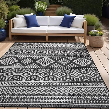 Beverly Rug Waikiki Boho Indoor Outdoor Rug 6x9, Washable Outside Carpet for Patio, Deck, Porch, Bohemian Area Rug, Farmhouse Rugs, Aztec Tribal Rug, Black and White