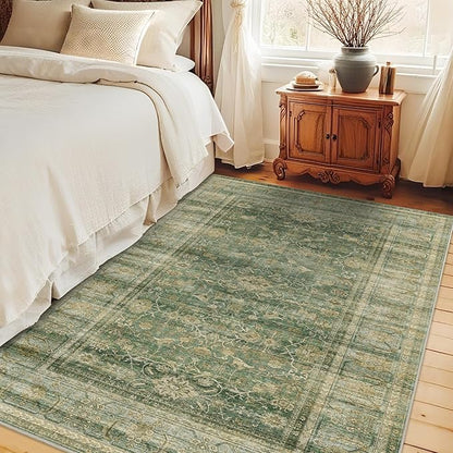 HelloTree Vintage Area Rug 4x6 Entryway Office Washable Carpet Non Slip Backing Printed Distressed Rugs for Bedroom Vintage Boho Tribal Area Rugs for Bathroom Bedroom Dining Living Room-Green