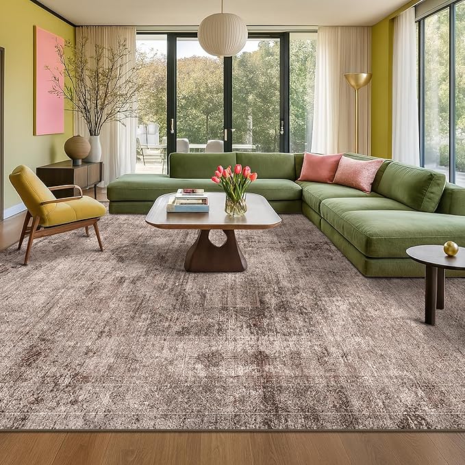 Brown Living Room Rug 8x10 - Retro Washable Rug for Dining Room, Fireplace, Bedroom, Non Slip Low Pile Abstract Warm Tan and Terracotta