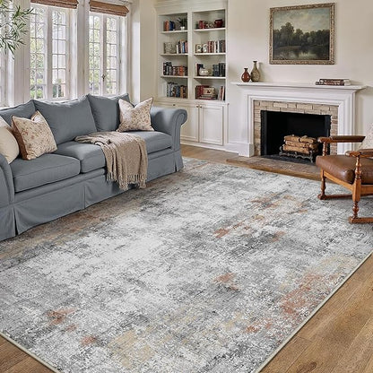 8x10 Washable Area Rug Grey Rust Abstract Living Room Bedroom Carpet Neutral Modern Non-Slip Soft Low Pile Lightweight Vacuumable Large Throw Rug for Dining Room