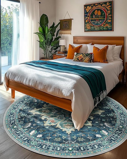 Area Rugs 5ft Washable Non-Slip, Floral Vintage Distress Print Pattern Medallion Carpet for Living Room Bedroom Dining Room, Teal Green Lake Blue Turquoise