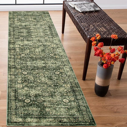 Morebes Vintage Kitchen Runner Rugs Non Skid Washable, Floral Boho 2x8 Runner Rug, Non Shedding Runner Rugs for Hallway Indoor Floor Carpet Runner for Laundry Room Bedroom, Grayish Green