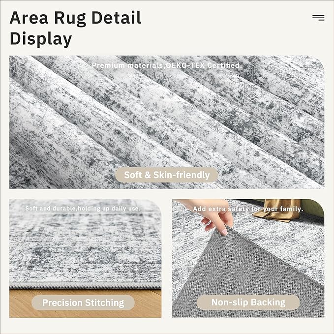 3x5 Rug, Small Area for Kitchen, Entryway, Machine Washable Non-Slip Throw Rug, Vintage Carpet for Nursery Coffee Table Grey