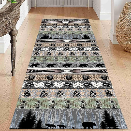 Bear Rug for Runner Rug, 3.3x7ft, Rustic Black Bear Wood Saw Compass Pine Oil Lamp Pattern Long Runner Rug, Camping Theme Multi-Color Stitching Non-Slip Floor Carpet, Cabin Style Home Decoration