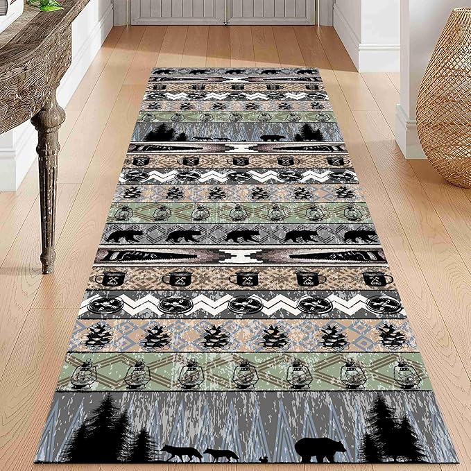 Bear Rug for Runner Rug, 2x10ft, Rustic Black Bear Wood Saw Compass Pine Oil Lamp Pattern Long Runner Rug, Camping Theme Multi-Color Stitching Non-Slip Floor Carpet, Cabin Style Home Decoration