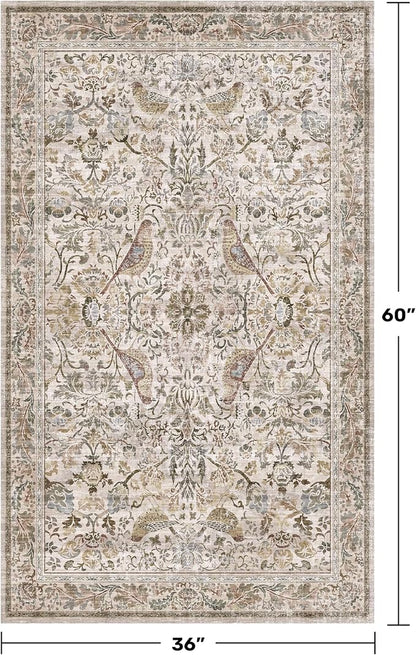 Washable 3x5 Moss Large Entryway Rugs - Low Pile Soft Boho Area Rug for Bedroom Beside Bed, Laundry, Non Slip Floral Kitchen Mat for Floor, Vintage Botanical Design Stain Resistant Carpet