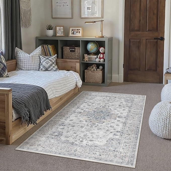 HUGEAR Machine Washable Area Rugs 4x6 Vintage Blue Living Room Rug Neutral Style Non Slip Stain Resistant Low Pile Throw Carpet for Office Home Retro Aesthetic Modern Decor