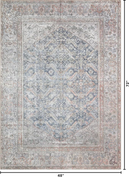 Kuden 4x6 Area Rug, Machine Washable Area Rug with Non-Slip Backing, Vintage Style, Soft, Easy Clean, Low Pile Rug for Living Room, Bedroom, Dining Room