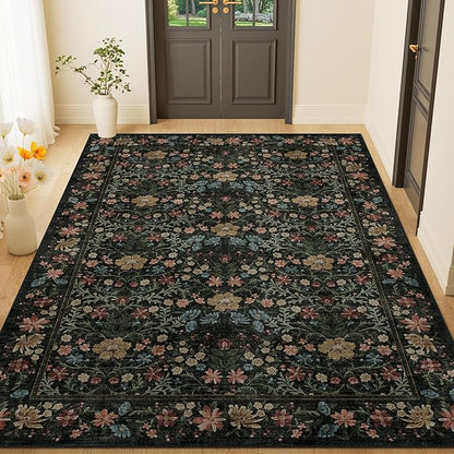 DUKINO 4x6 Rugs for Living Room, Lightweight Non Slip Washable Rug with Low Pile Design, Vintage Floral Non-Shedding Soft Carpet for Living Room, Bedroom, Farmhouse, Office, Bathroom, Black