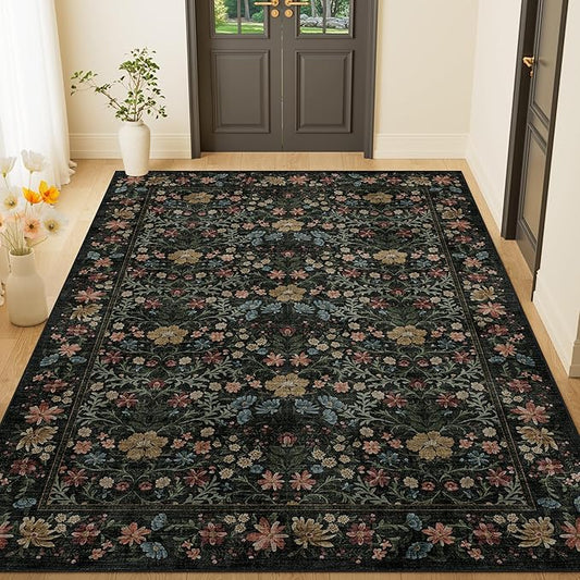 DUKINO 4x6 Rugs for Living Room, Lightweight Non Slip Washable Rug with Low Pile Design, Vintage Floral Non-Shedding Soft Carpet for Living Room, Bedroom, Farmhouse, Office, Bathroom, Black