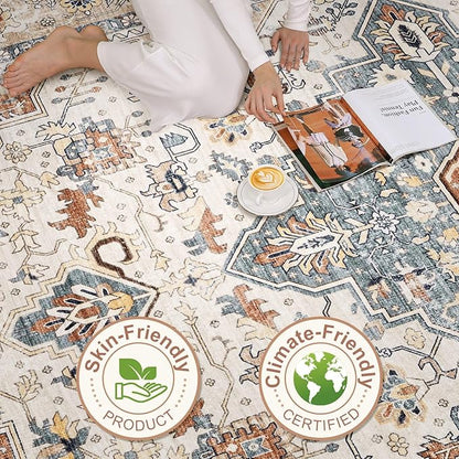 Runner Rug Kitchen Washable Rugs: 2x6 Non-Slip Boho Vintage Distressed Stain Resistant Indoor Neutral Farmhouse Throw Carpet for Hallway Bathroom Laundry Room Entryway Bedroom- Beige Blue